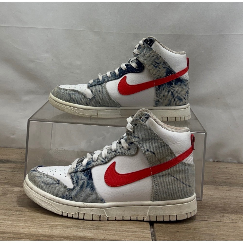 Nike Dunk High Top Sneakers Women's Size 6.5‎ White Red Denim DV2181 900